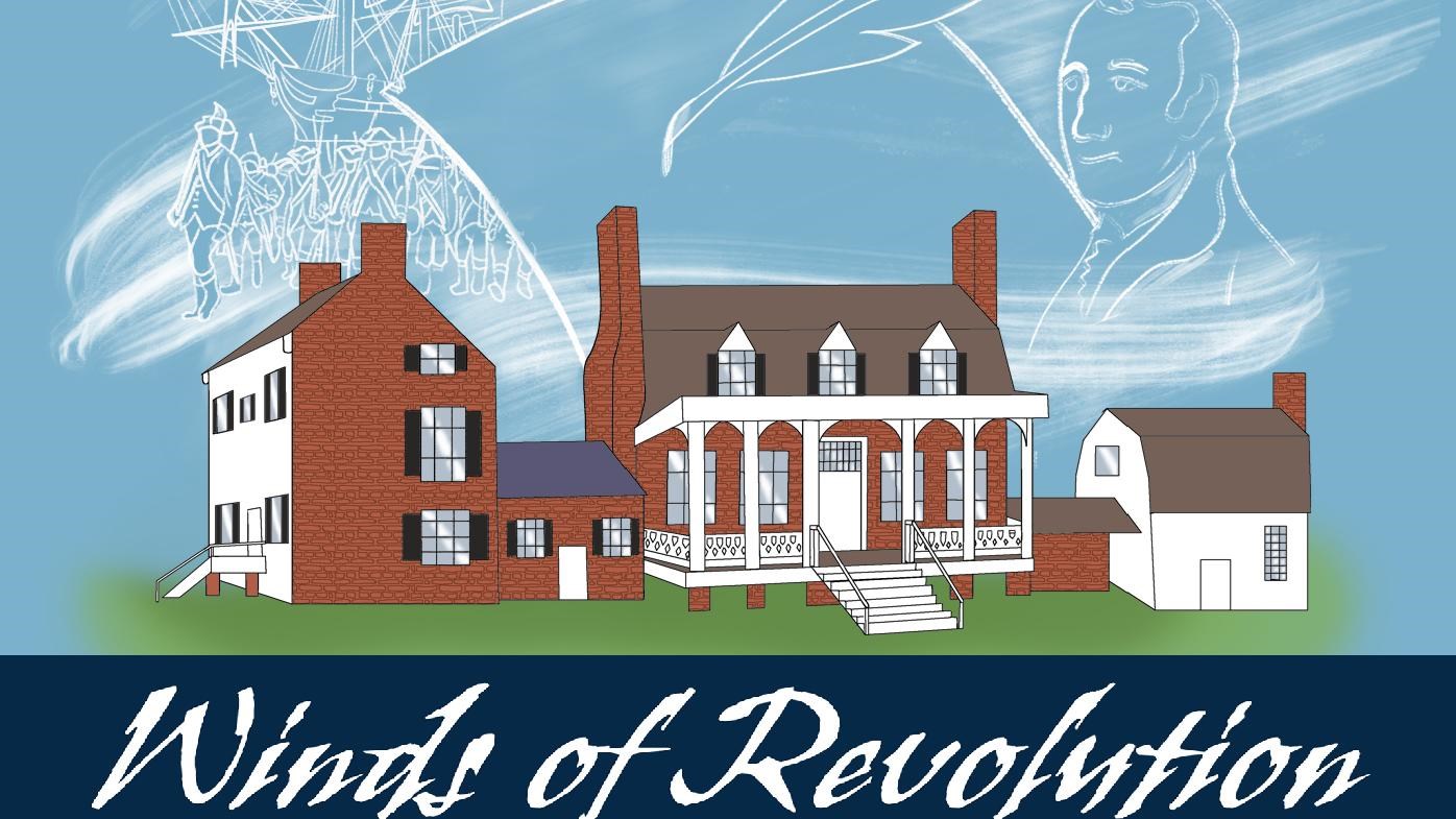 A graphic drawing of a brick house in front of white outline drawings of a man and soldiers.
