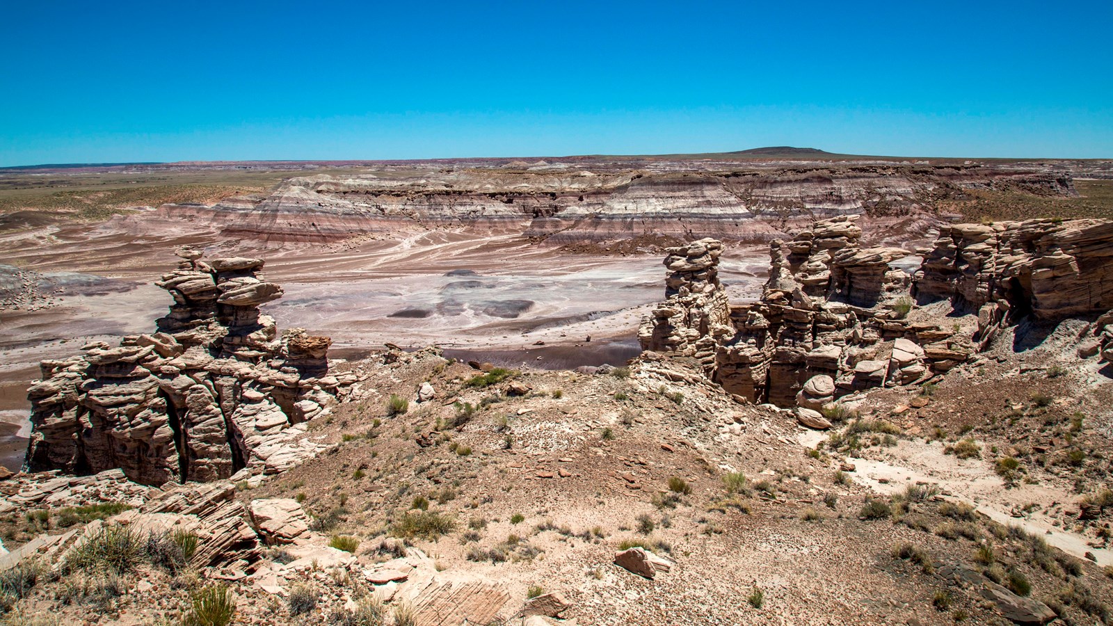 Highly eroded hoodoos and pinnacles in the foreground of a scenic view of mesas and blue sky.