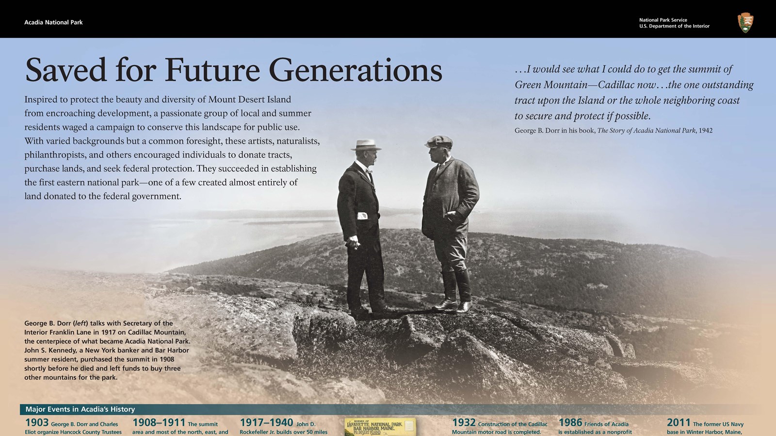 Title: Saved for Future Generations in bold; background image of two gentlemen standing on summit.