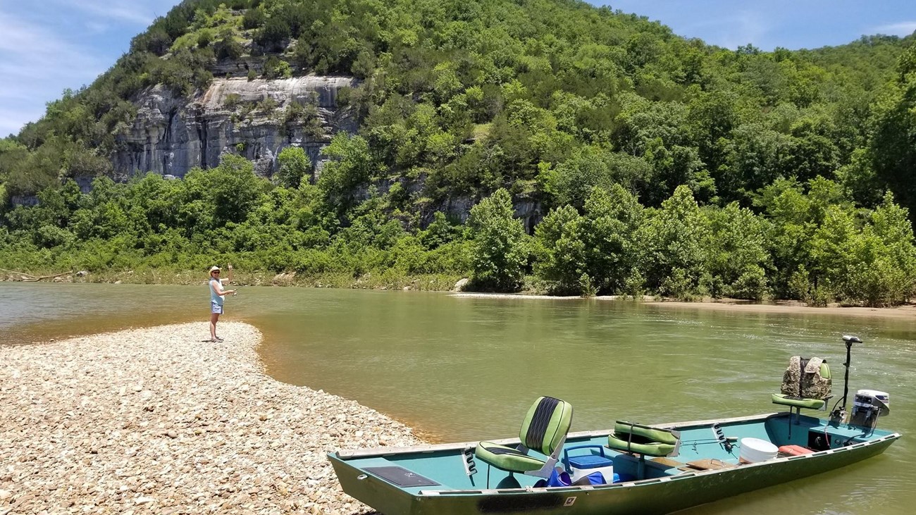 A jon boat on a gravel bar between Maumee and Spring Creek