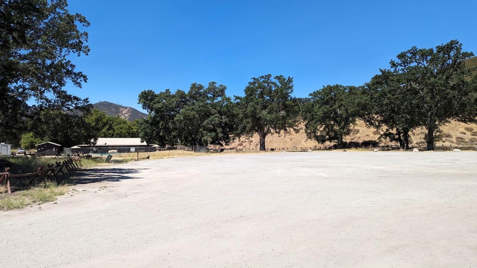 Gravel parking in the campground by the pool and store encompassed by large Valley Oak trees
