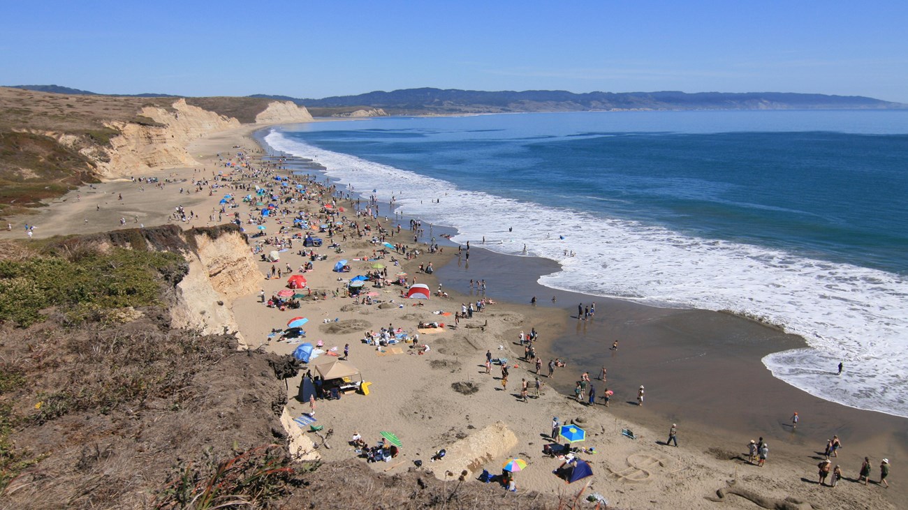 Looking down from a bluff top at a crowded sandy beach with some people swimming in the water.