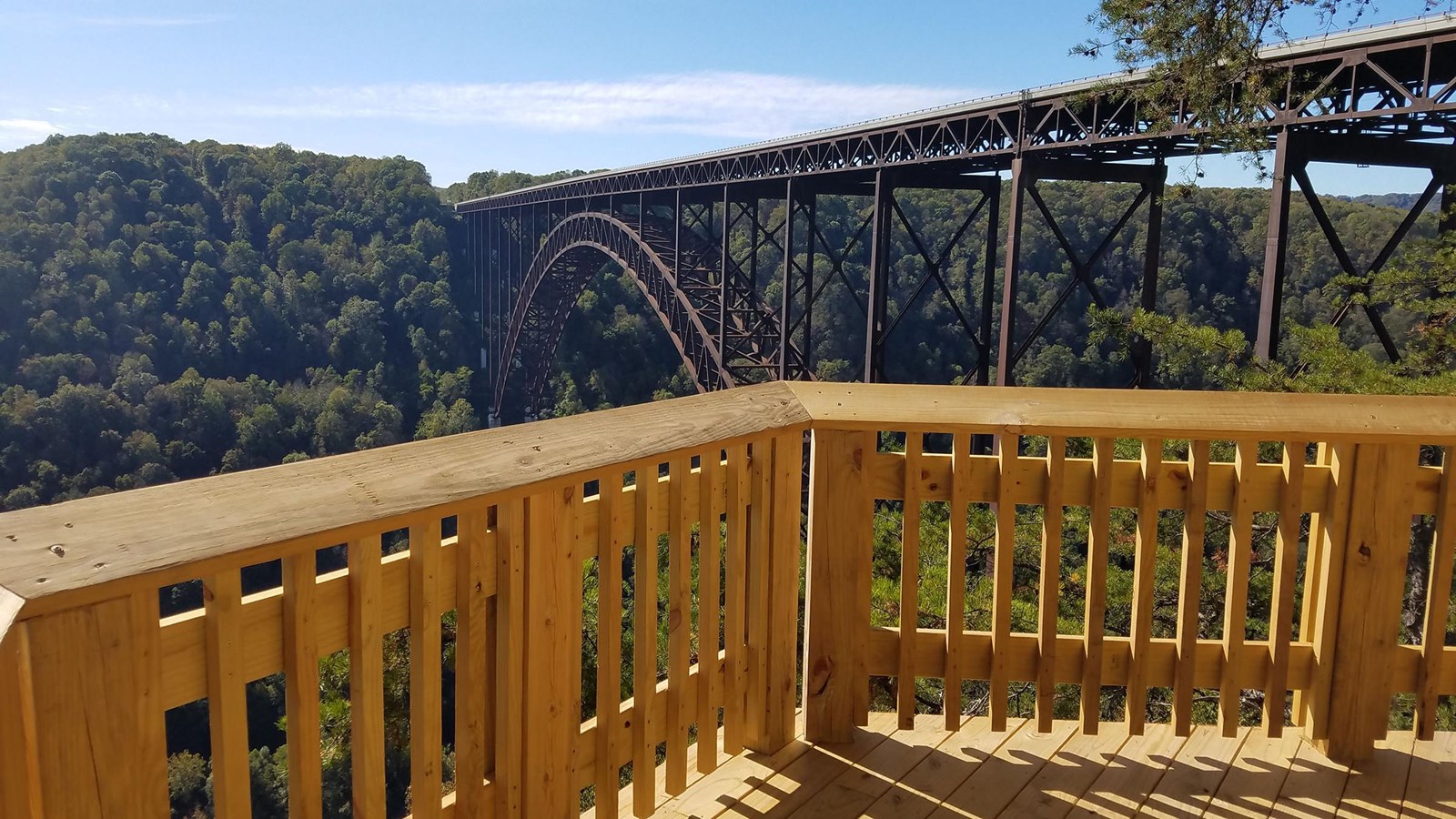 The boardwalk deck overlooking gorge and bridge