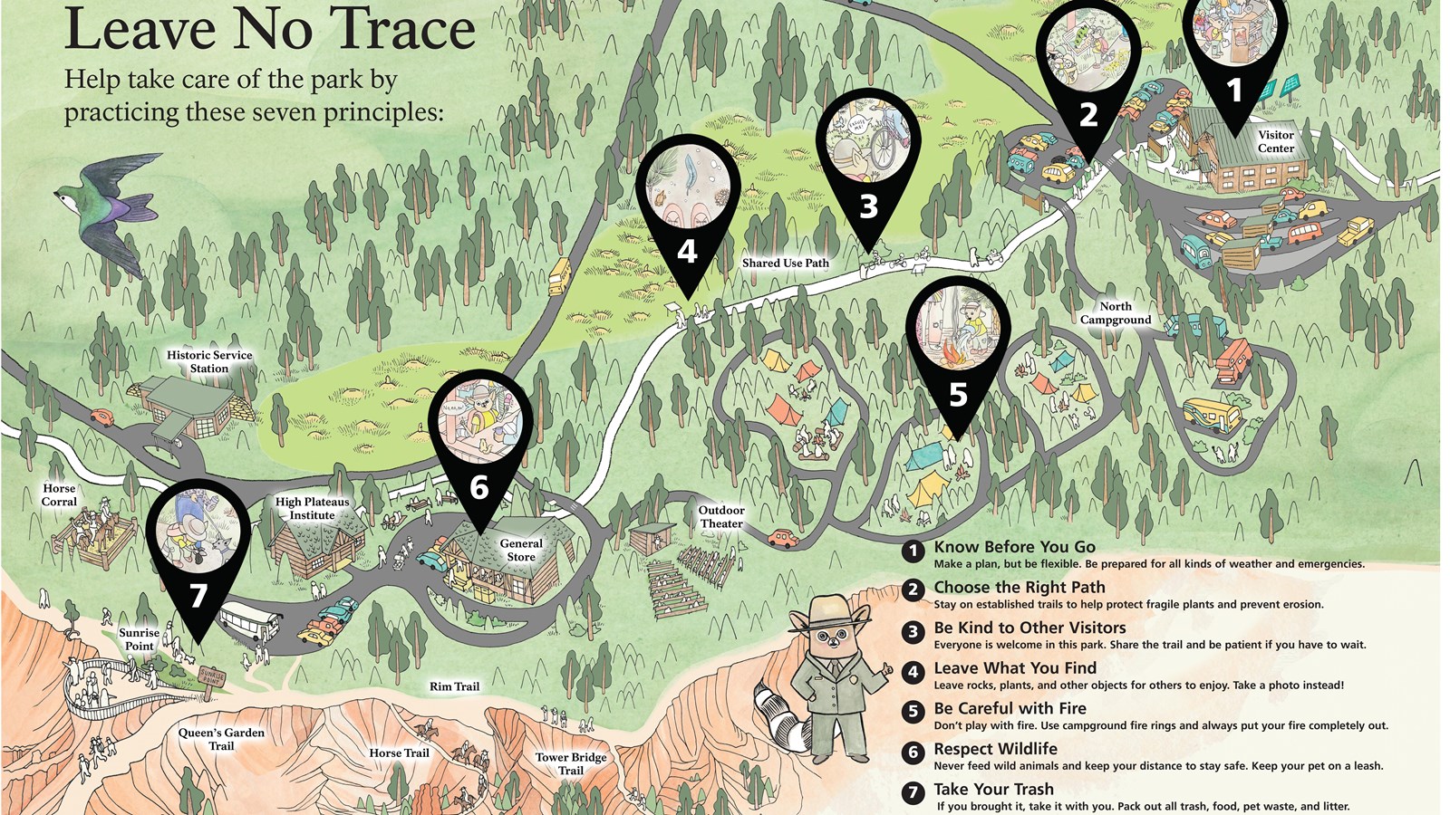 Wayside exhibit explaining 7 principles of Leave No Trace.