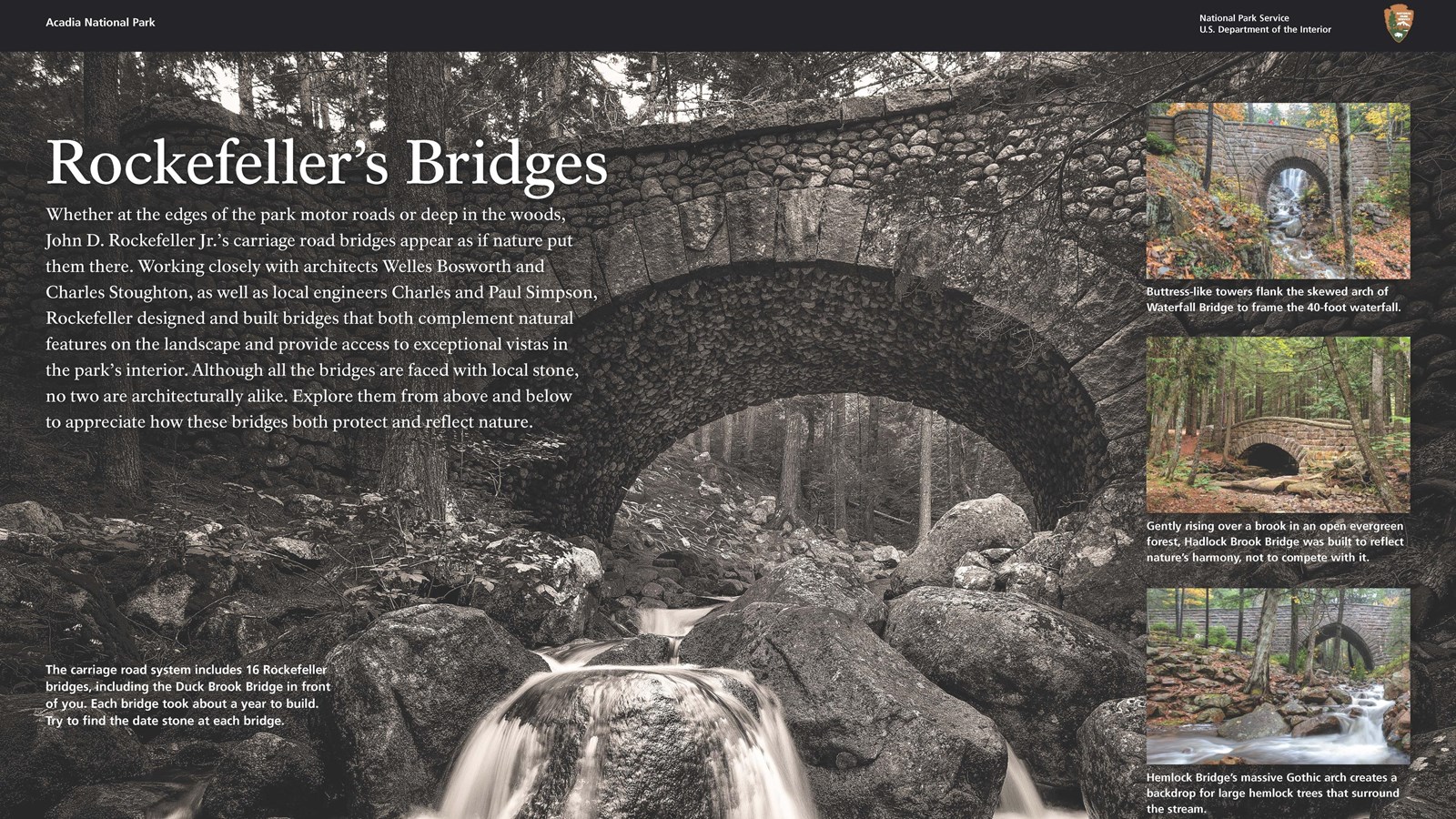 Title: Rockefeller\'s Bridges in bold; background B&W image of an arched carriage road bridge.