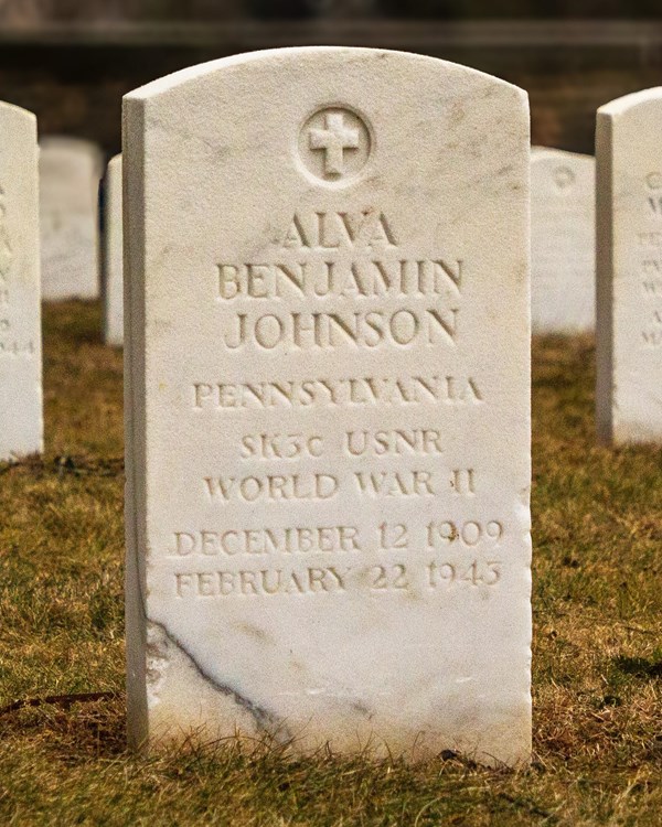 The gravestone of Alva Benjamin Johnson in the Gettysburg National Cemetery.