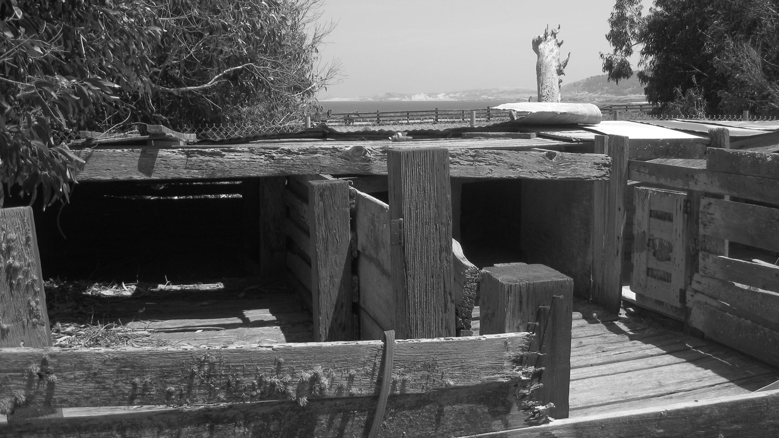 Large wood posts and planks constructed into pens. 