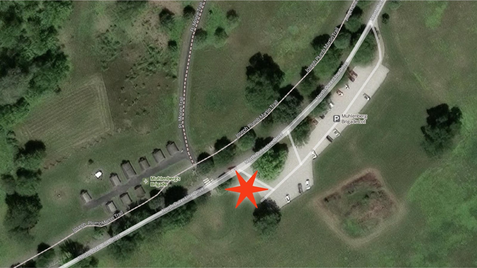 Aerial image of Muhlenberg\'s Brigade area with red star marking pick-up/drop-off location.