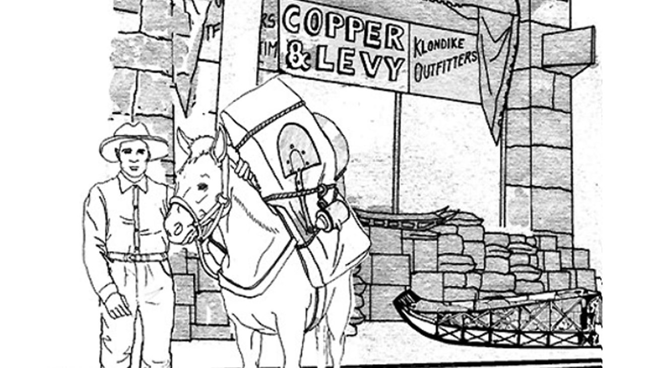 Illustration of a man and mule standing outside a wooden building.