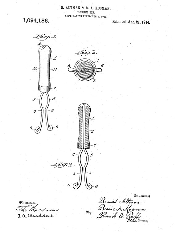 black and white drawing of a clothespin patent. Names, date and patent number are on top.