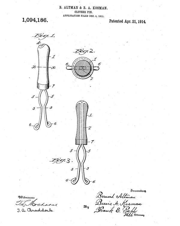 black and white drawing of a clothespin patent. Names, date and patent number are on top.