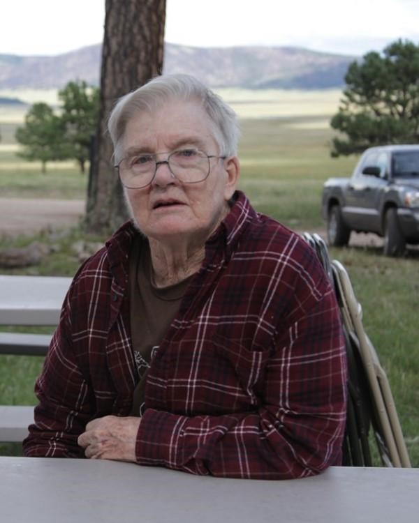An older woman with very short, gray hair and glasses looks at us while sitting at a picnic table.