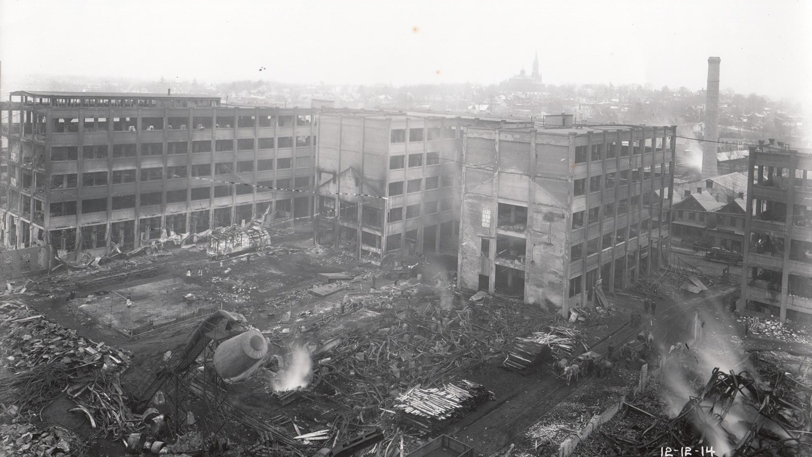 Black and white photograph of damage sustained in 1914 laboratory fire