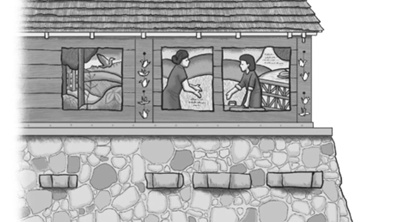 An illustration of two figures through the window of a stone and wood building.