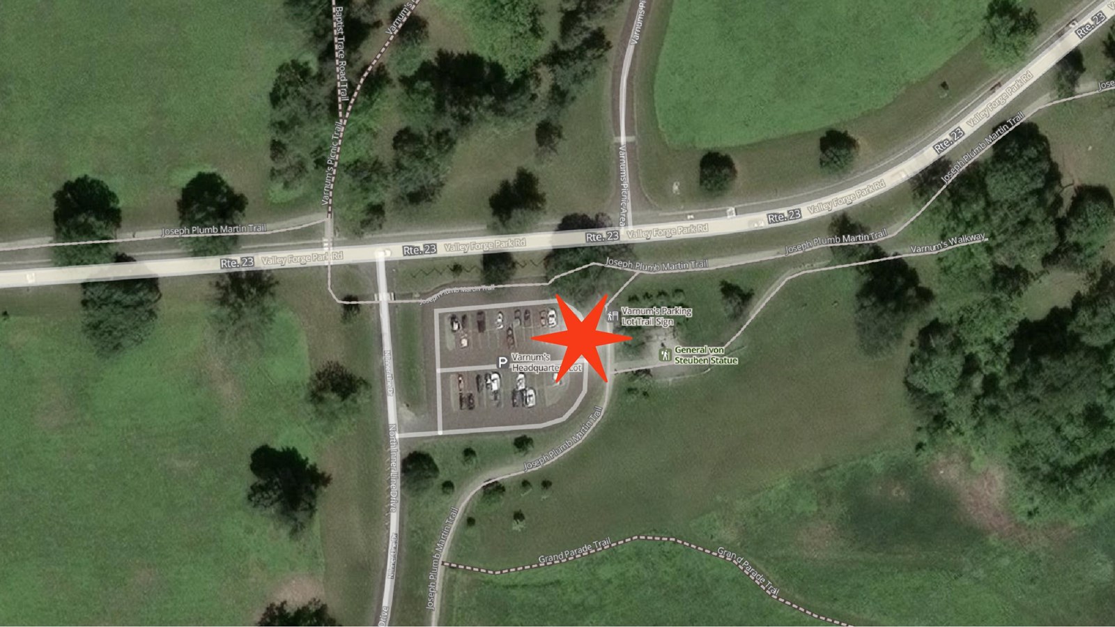 Aerial photo of the General von Steuben statue area with star next to the information kiosk