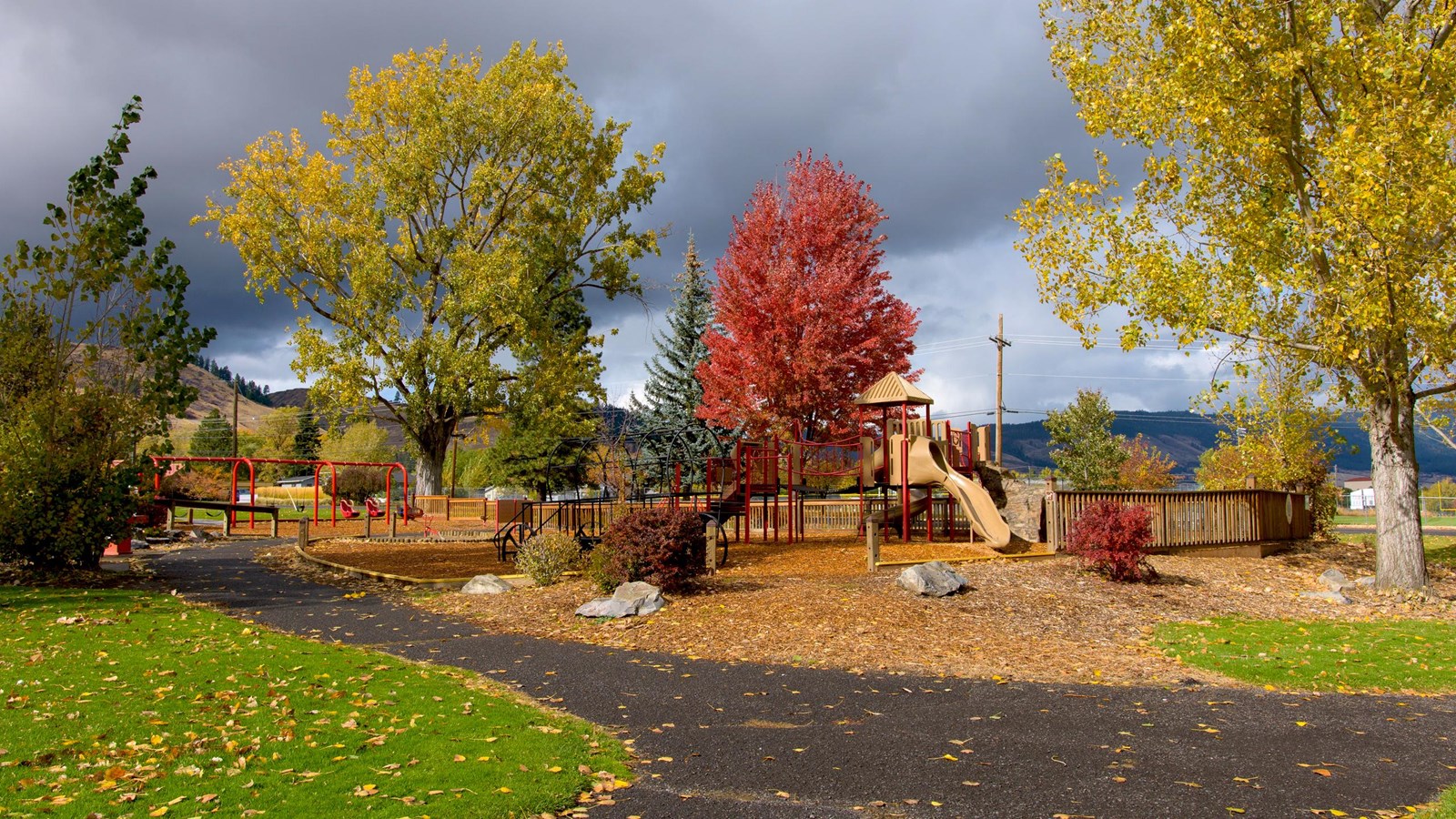 A jungle gym structure in a park with trees covered in autumn leaves.