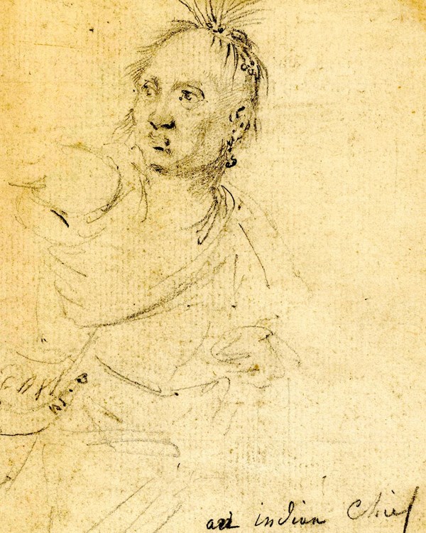 A light sketch of a man with a small round face and feathers in his hair. 