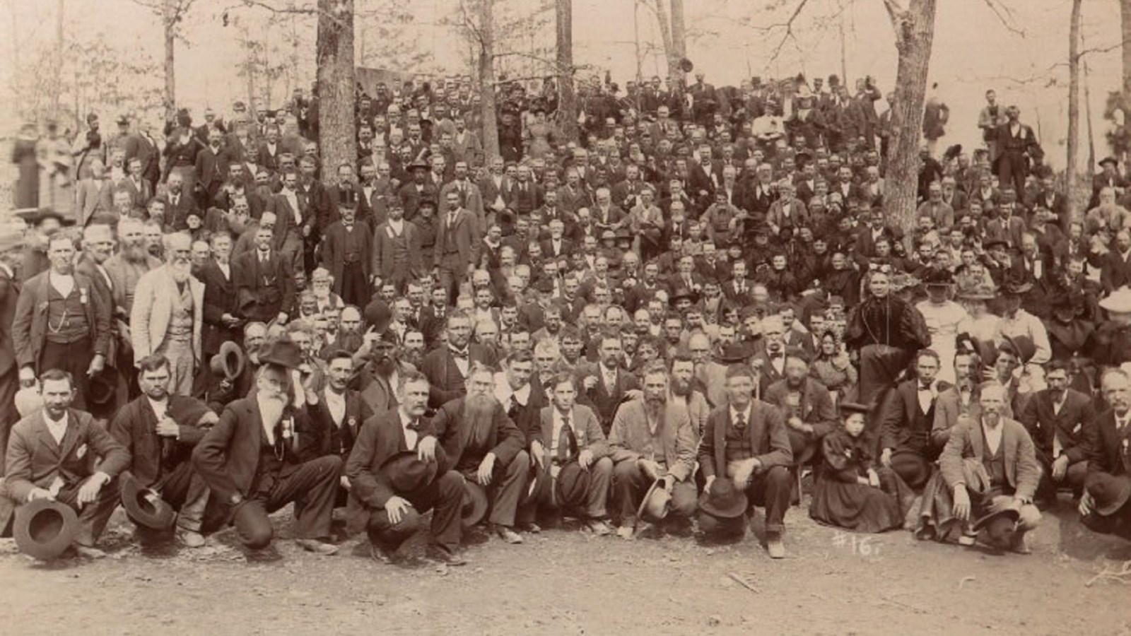 An historic image of older veterans of Shiloh gathered together