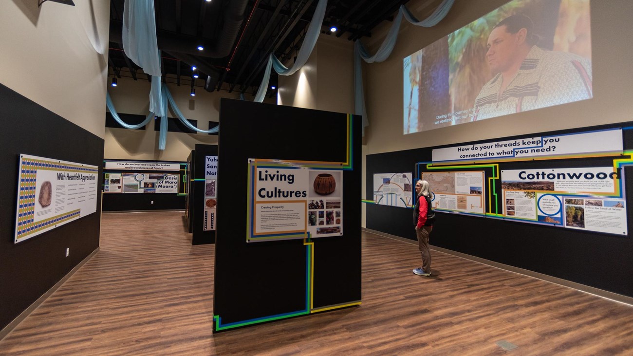 An exhibit hall featuring colorful educational exhibits.