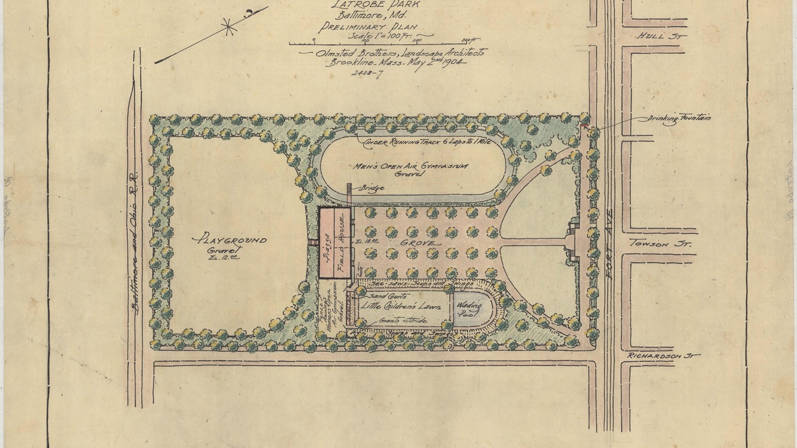 Color pencil drawing of rectangular park lined with trees with lots of open areas inside