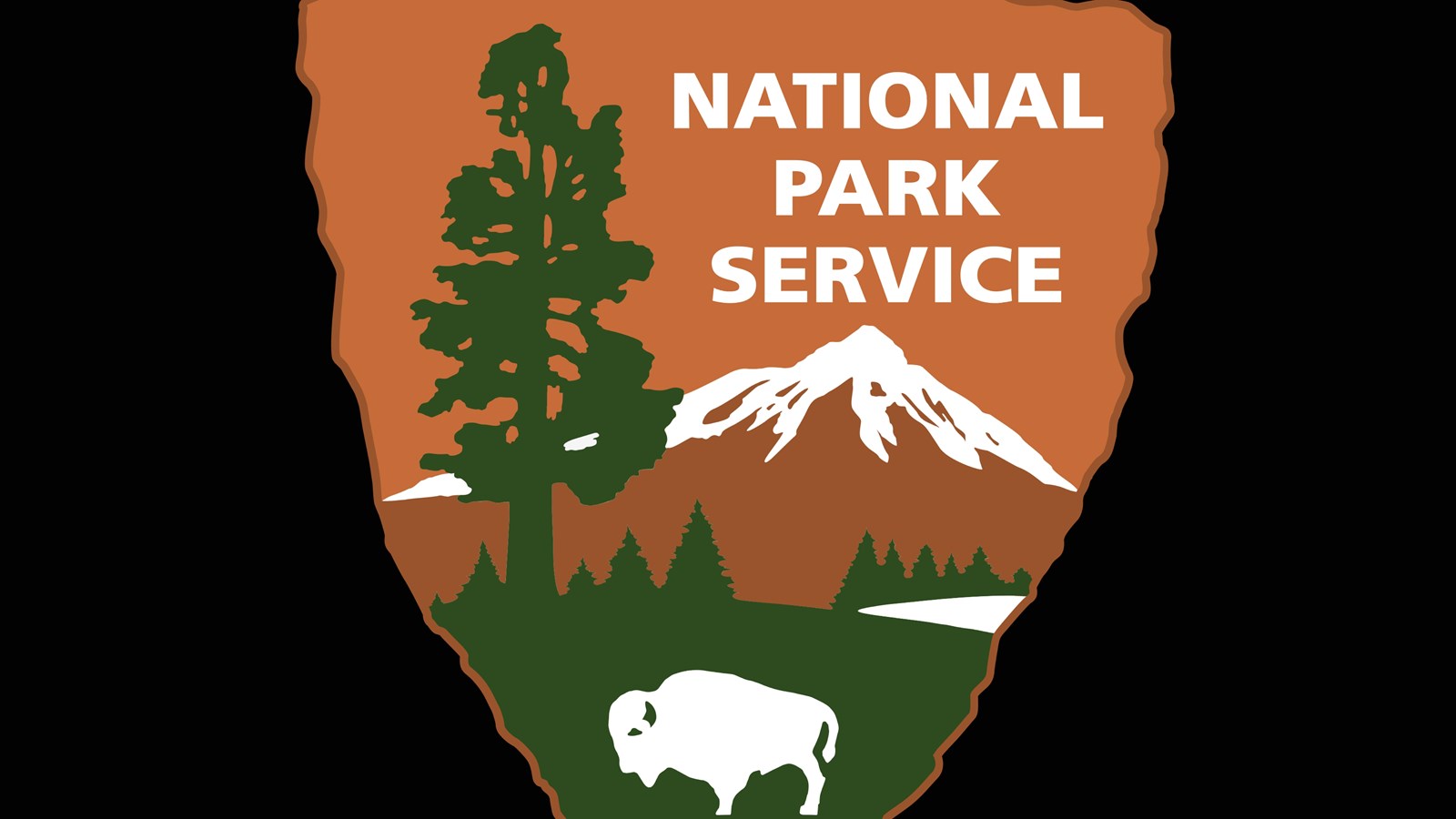 NPS arrowhead symbol on black background. Arrowhead is brown with mountain, tree, grass and bison.