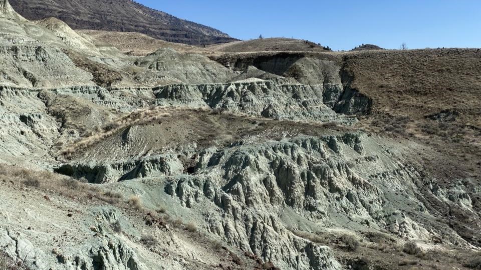 Layered blue claystone rocks in a valley with blue skies in the background