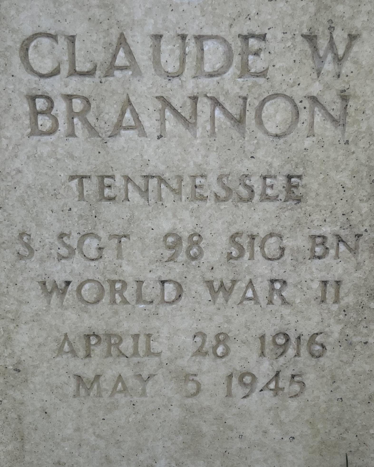The headstone of World War II veteran Claude Brannon in the Stones River National Cemetery.