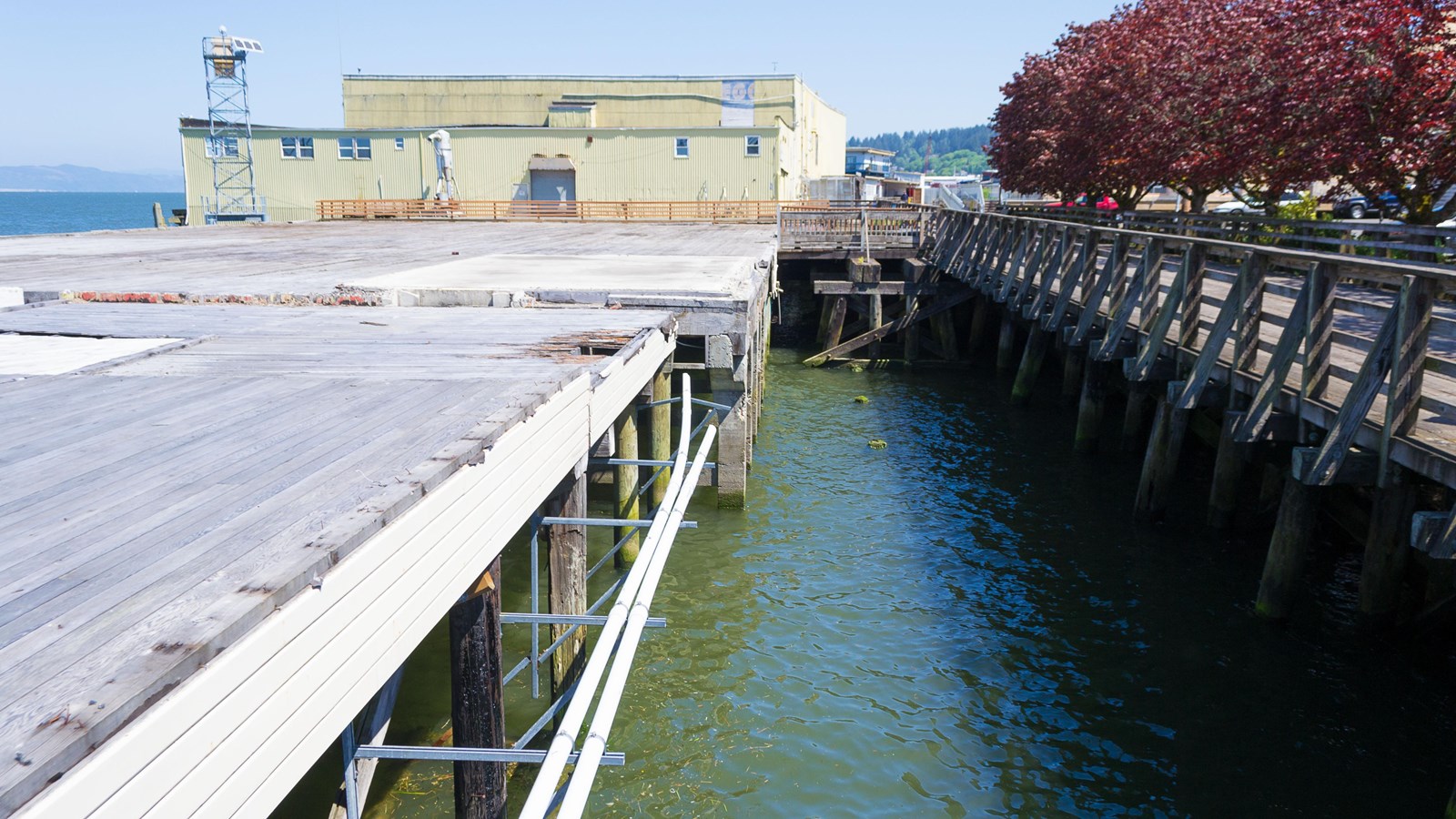 A wooden boardwalk with handrailing runs alongside a dock, at the far end of which is a building