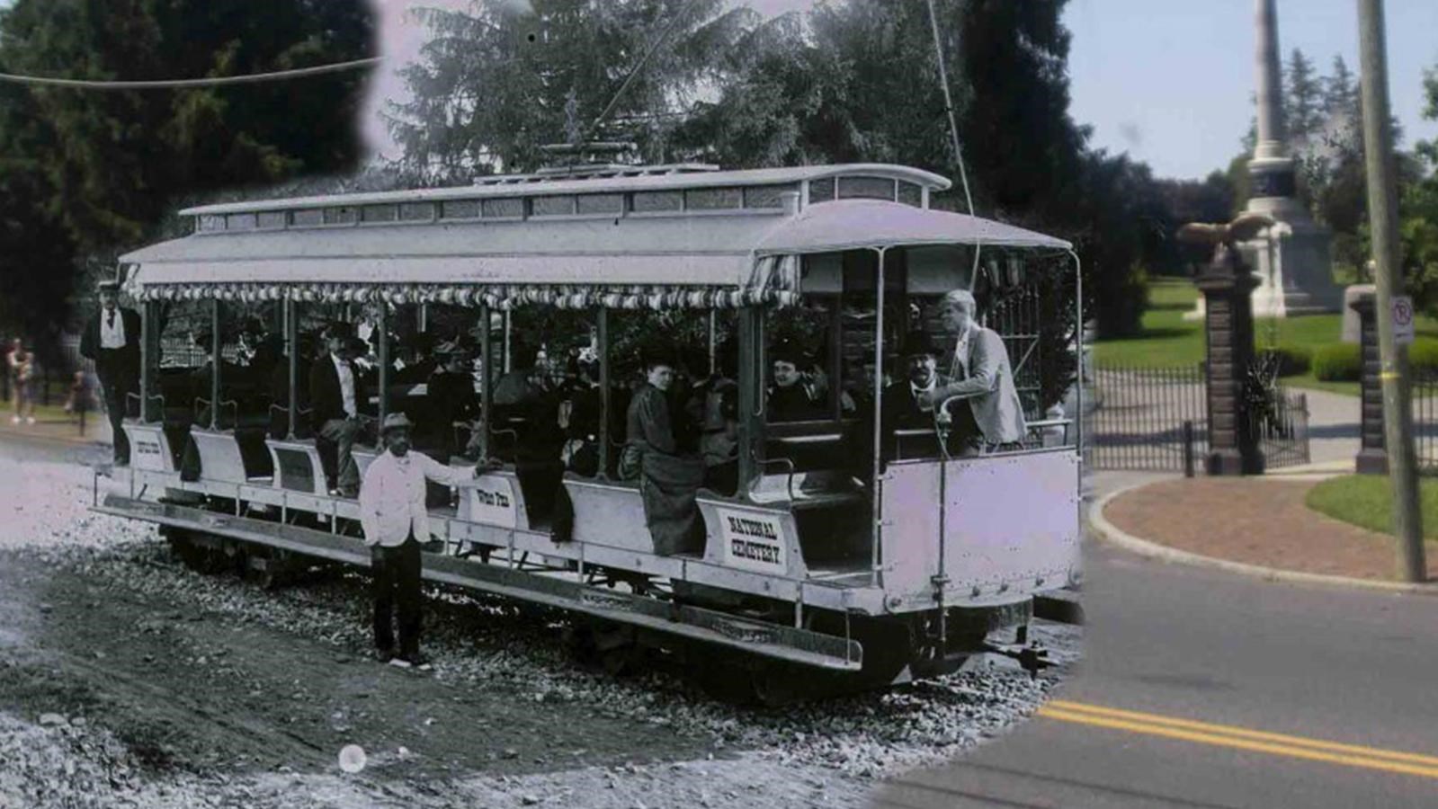 A black and white photo of a trolley with riders superimposed on a modern photo of a road.