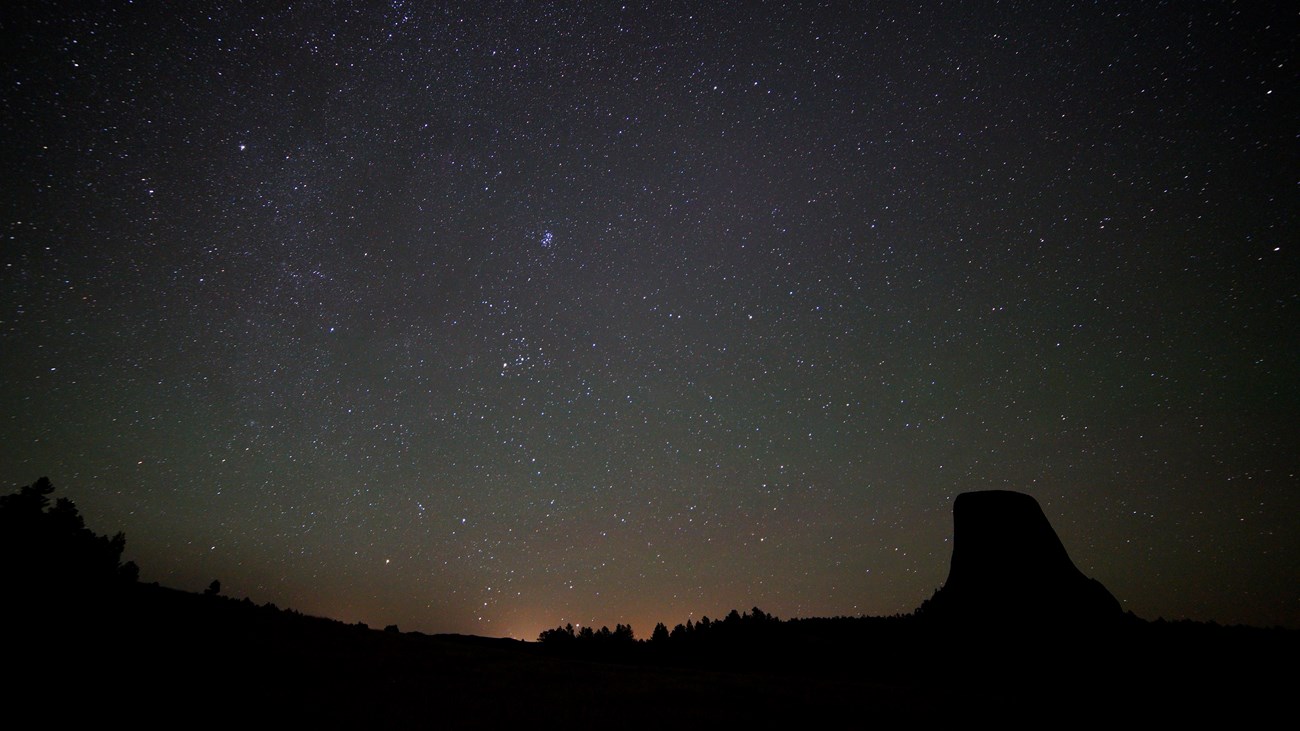 a dark night sky filled with stars with Devils Tower and trees silhouetted below