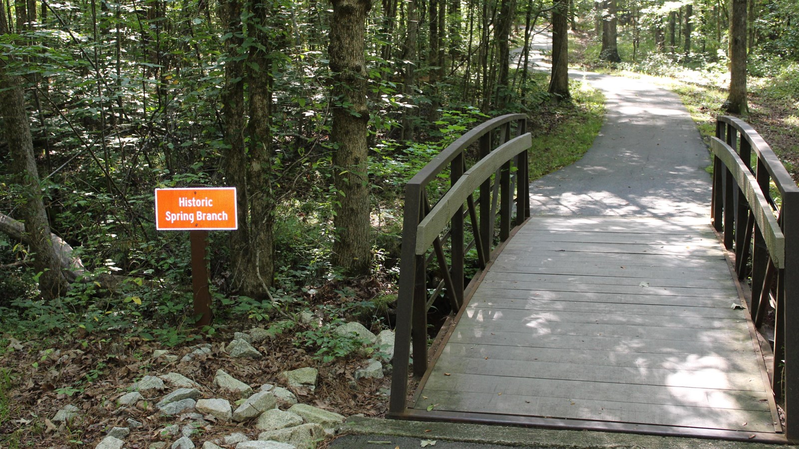 A bridge connects a paved trail in a forest.