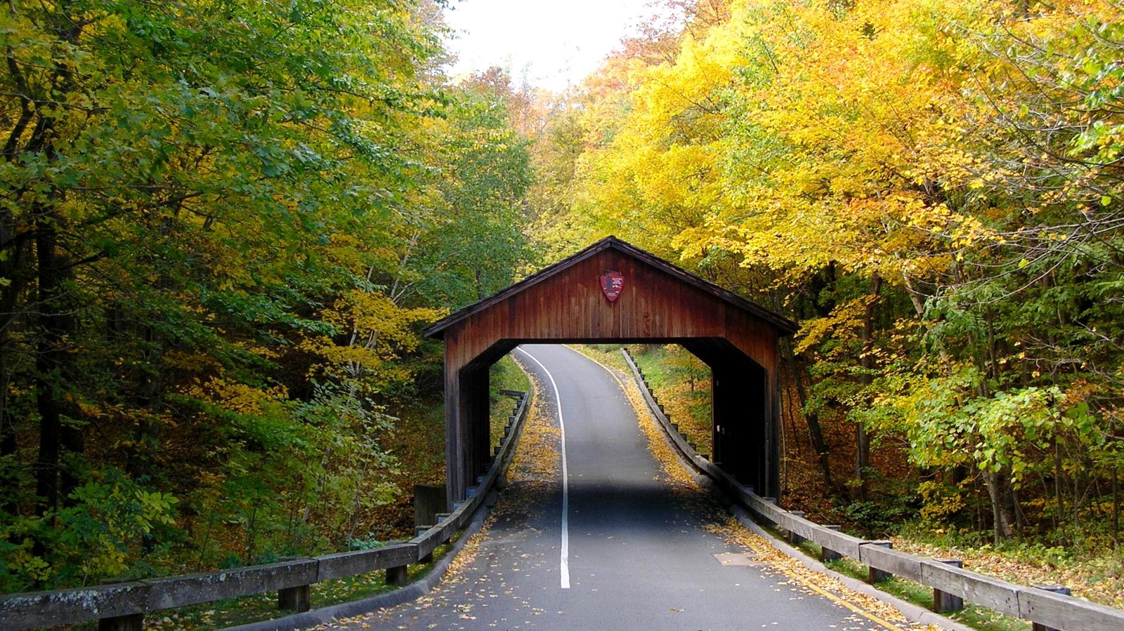 Wooden covered bridge surrounded by gold-leaved trees