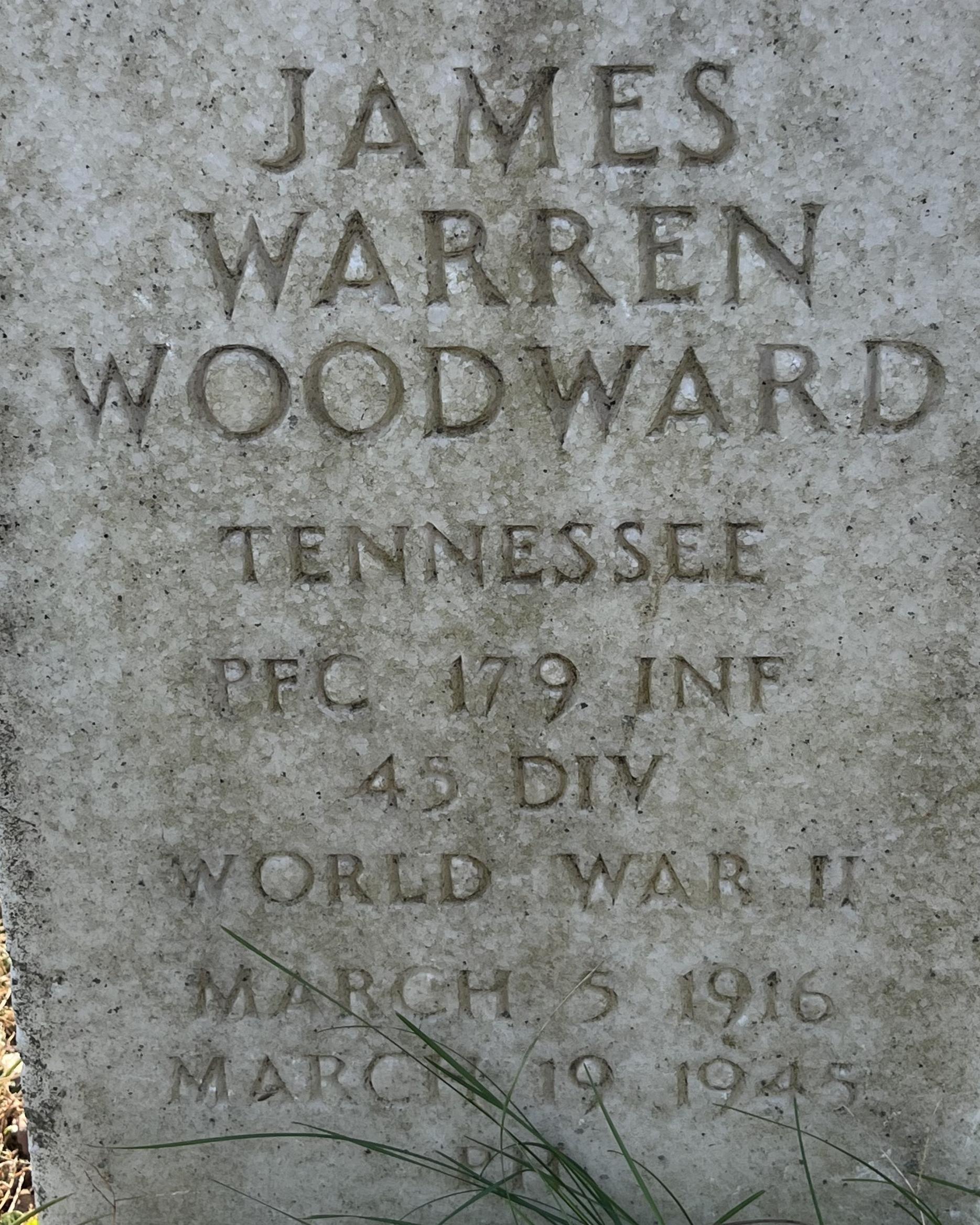 The headstone of James Woodward, a World War II veteran, located in Stones River National Cemetery.