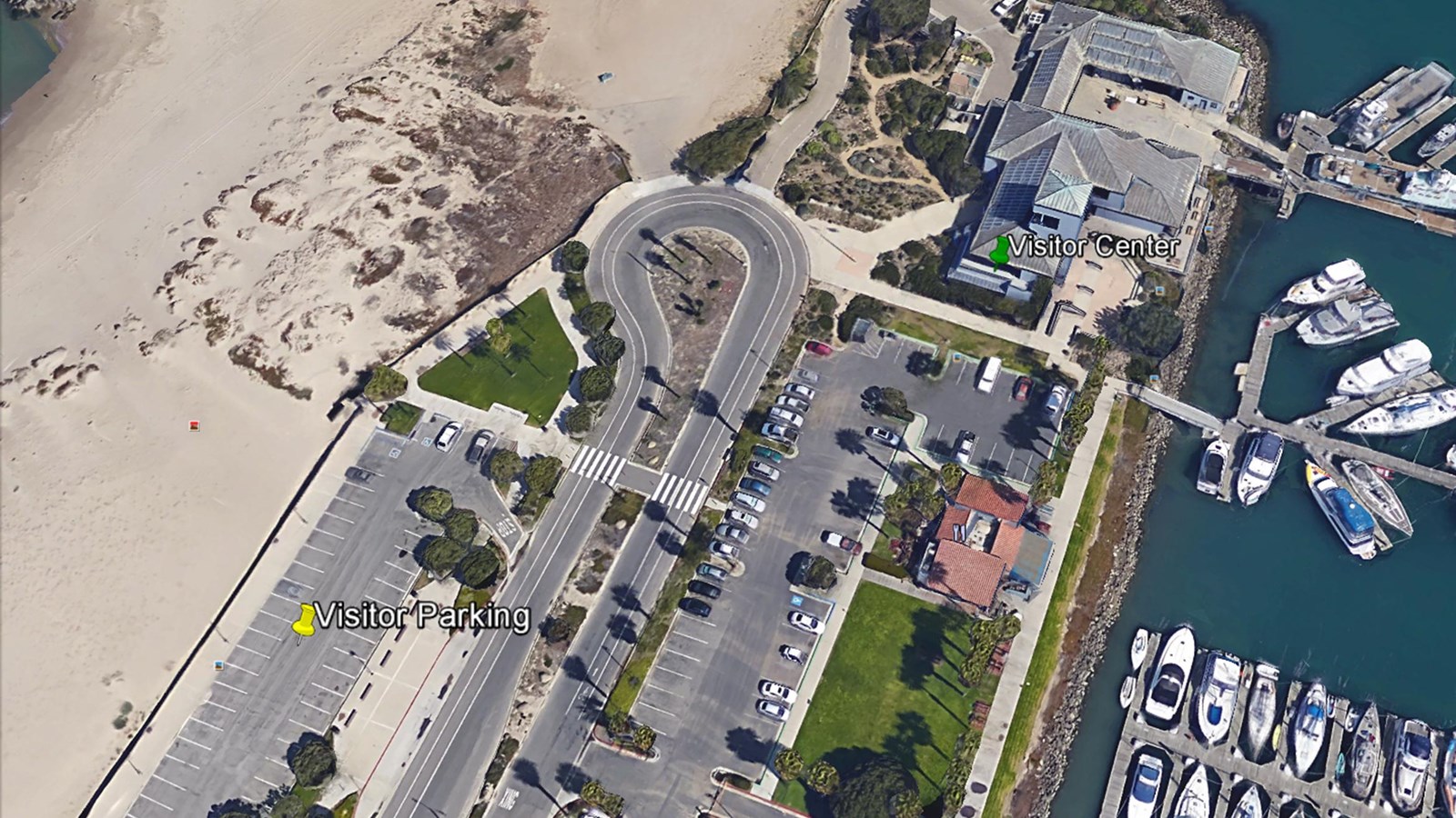 Aerial photo of parking area next to the visitor center. 