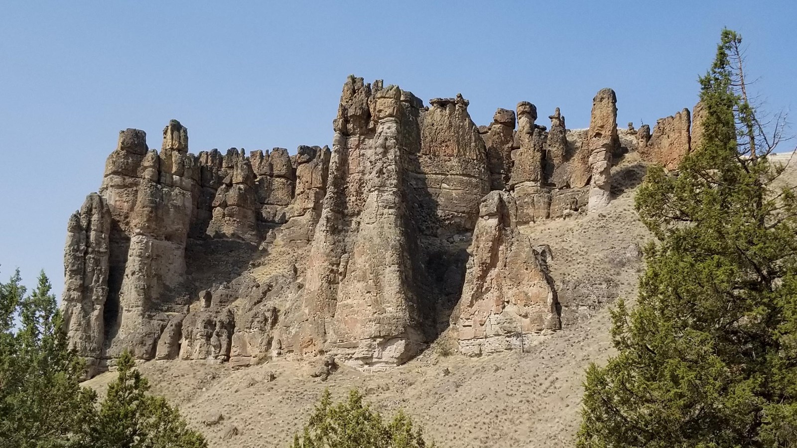 Tall tan cliffs with sagebrush covered slopes and trees in the foreground and blue skies