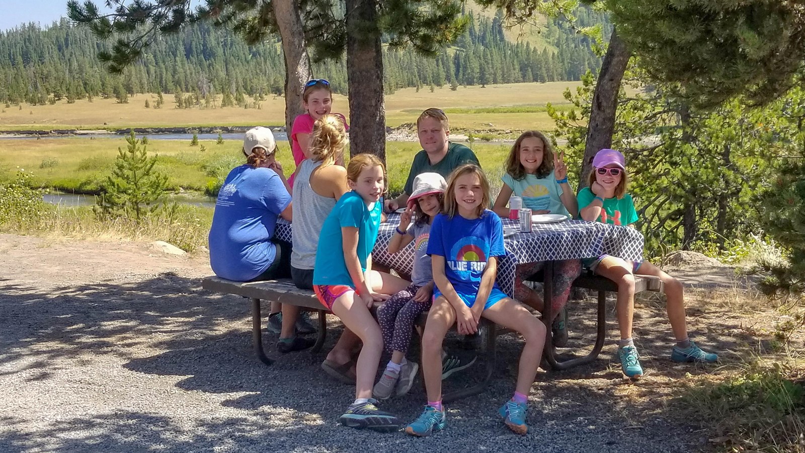 A large group of people sit at a picnic table in front of trees and a river running through a meadow
