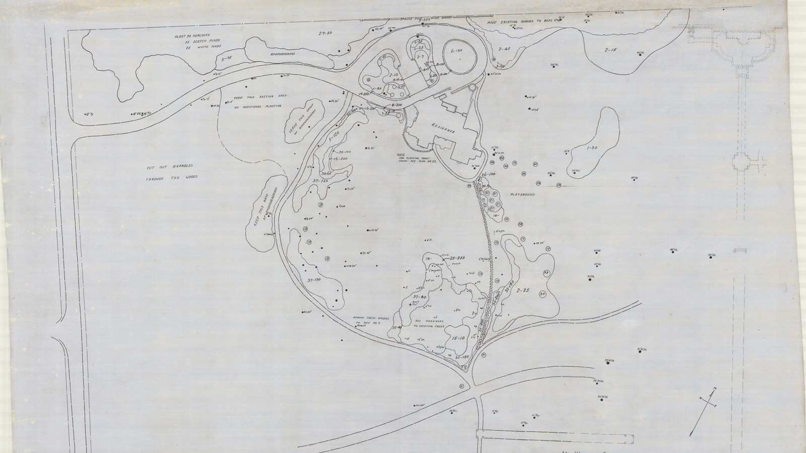 Plan of estate with curving road to it and curving path around with lots of open green space, plants