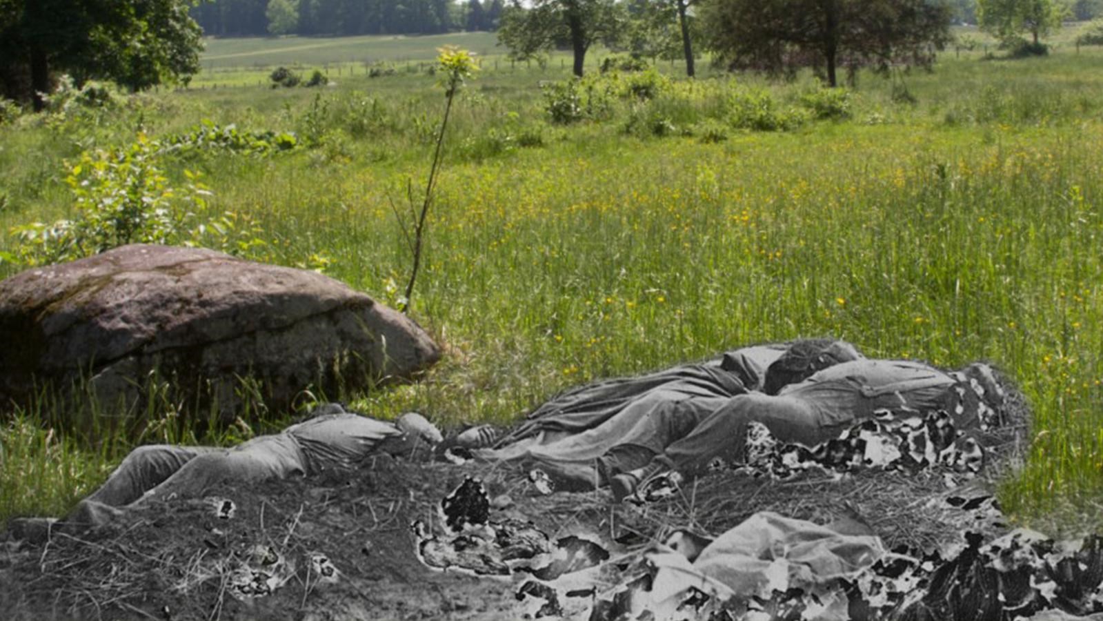 A historic image of dead Confederate soldiers overlayed on a modern image of the same location.