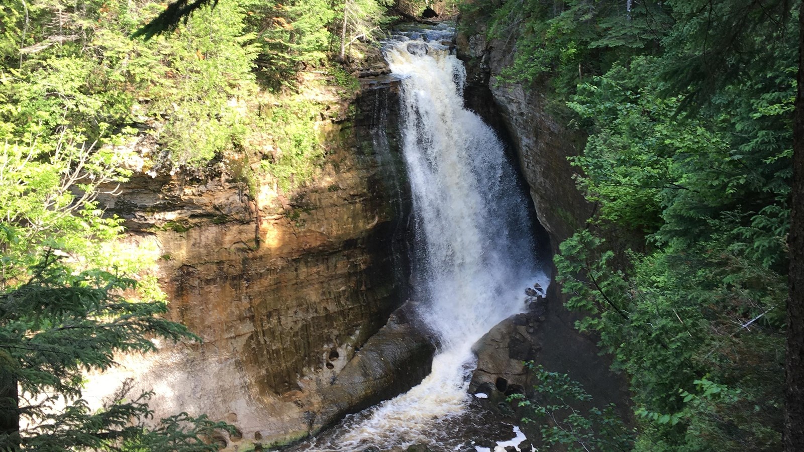 Tall waterfall with large volume of water flows over forested cliff.