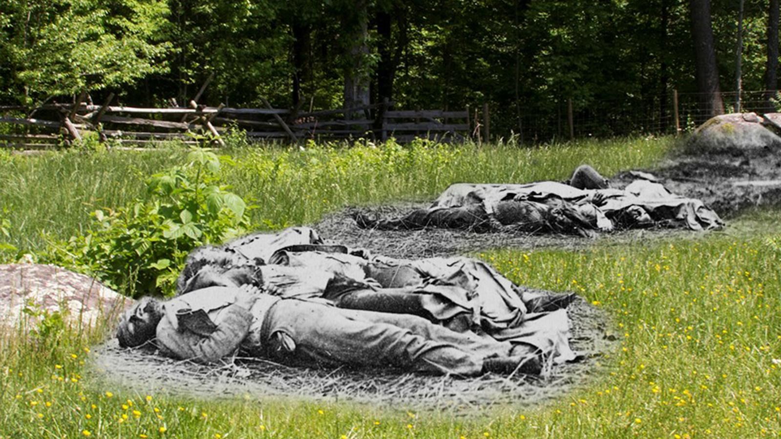 A historic image of dead Confederate soldiers overlayed on a modern image of the location.
