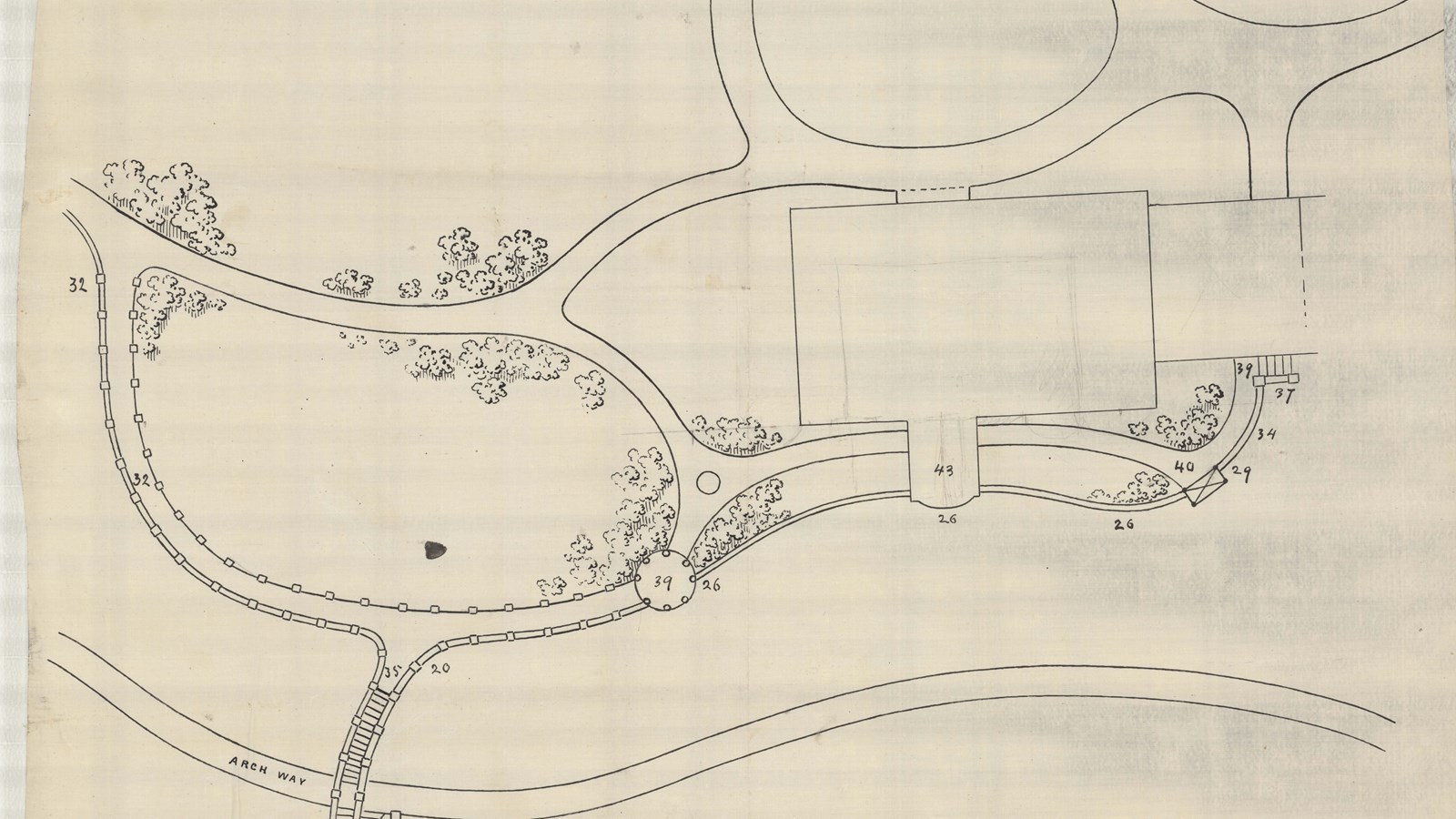 Pencil drawing of curving roads lined with trees leading to large building