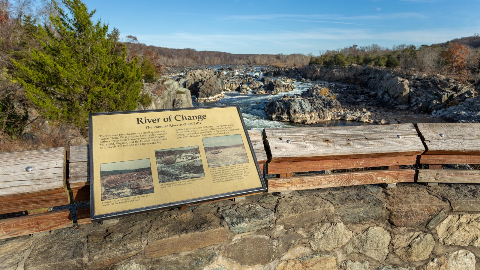 Three images of the water flowing down Great Falls is displayed on the information panel.