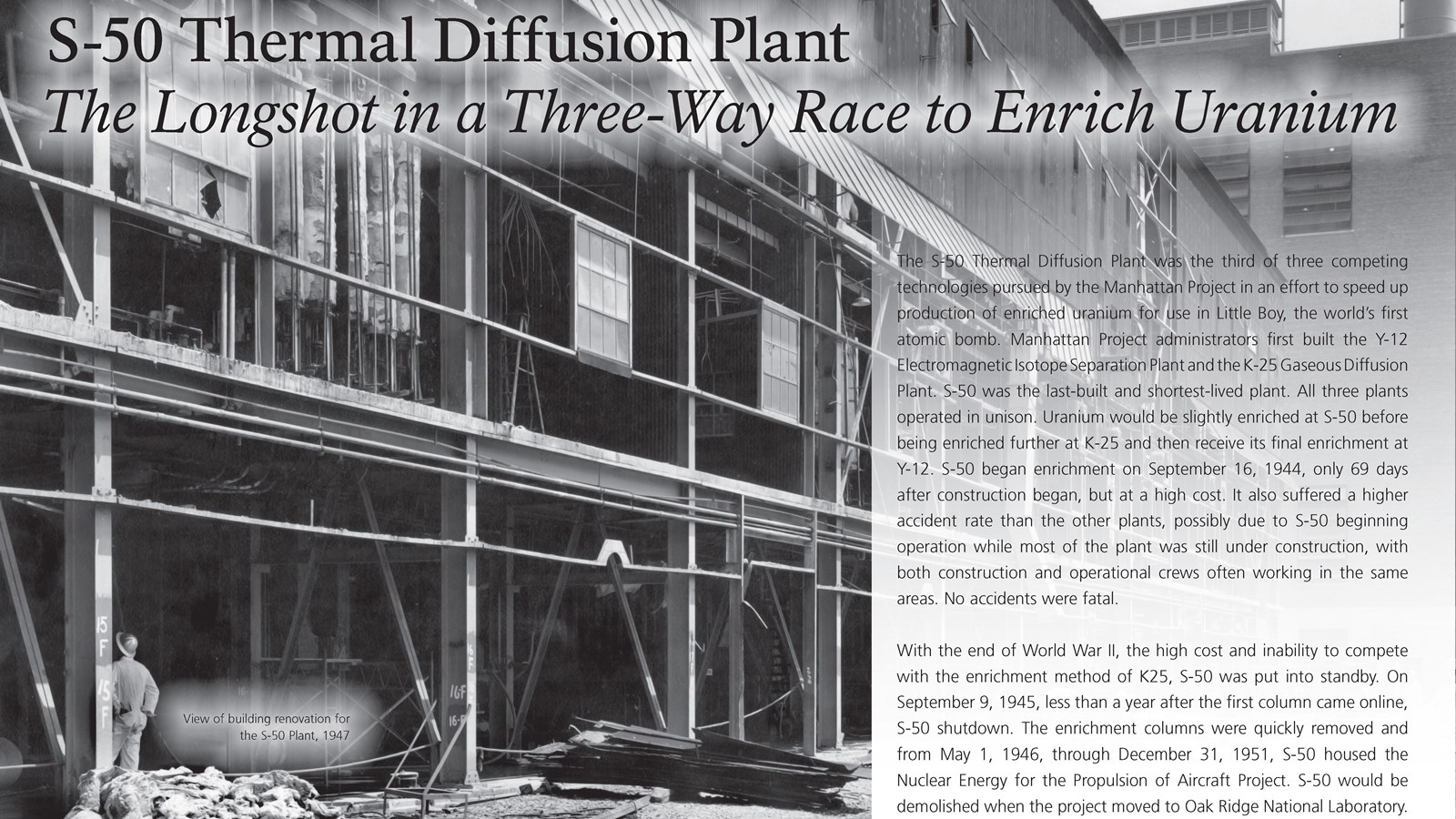 A wayside exhibit with text and an image of the S-50 Plant in Oak Ridge, TN.