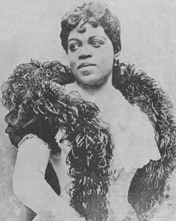 African American woman wearing gown and boa