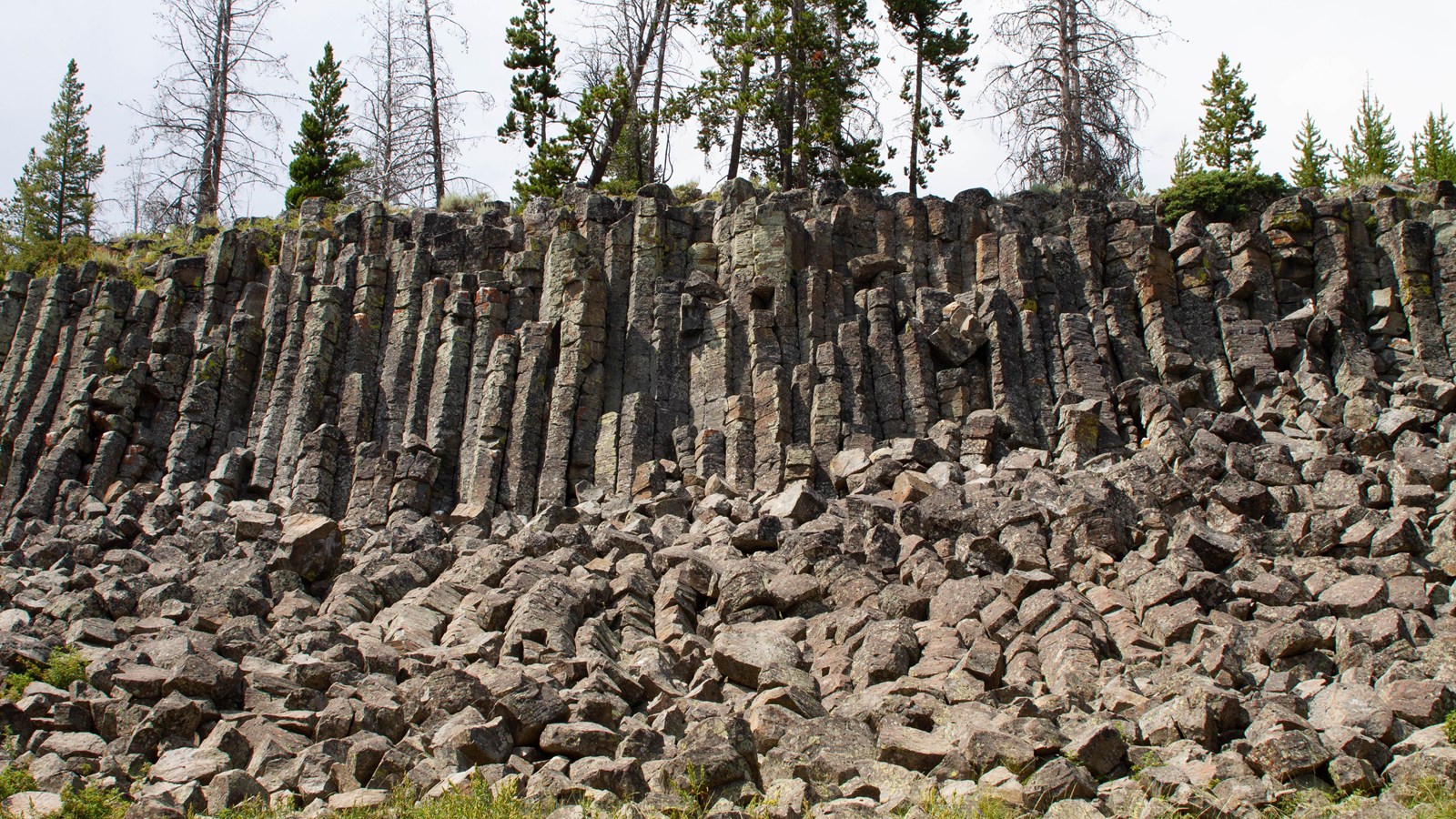 Basalt rock columns with a cliff of stones stacked in columns.