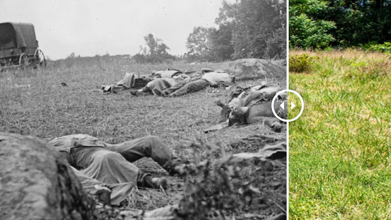 Historic image of dead Confederate soldiers to the left with a photo of the modern location on right