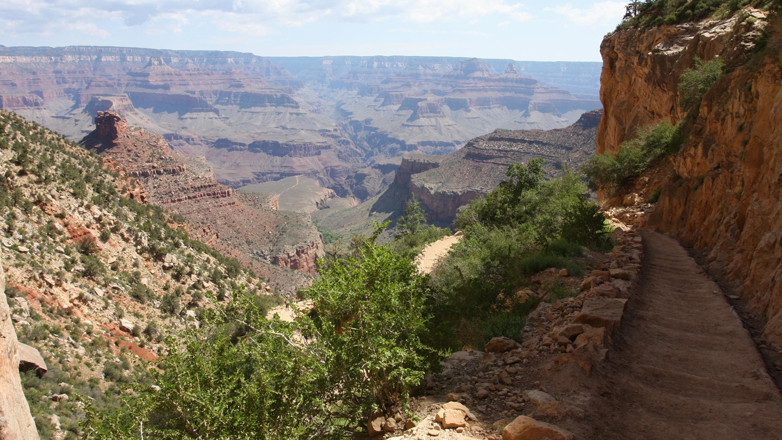 A dirt trail with steps descends into the canyon past a short cliff of white limestone.