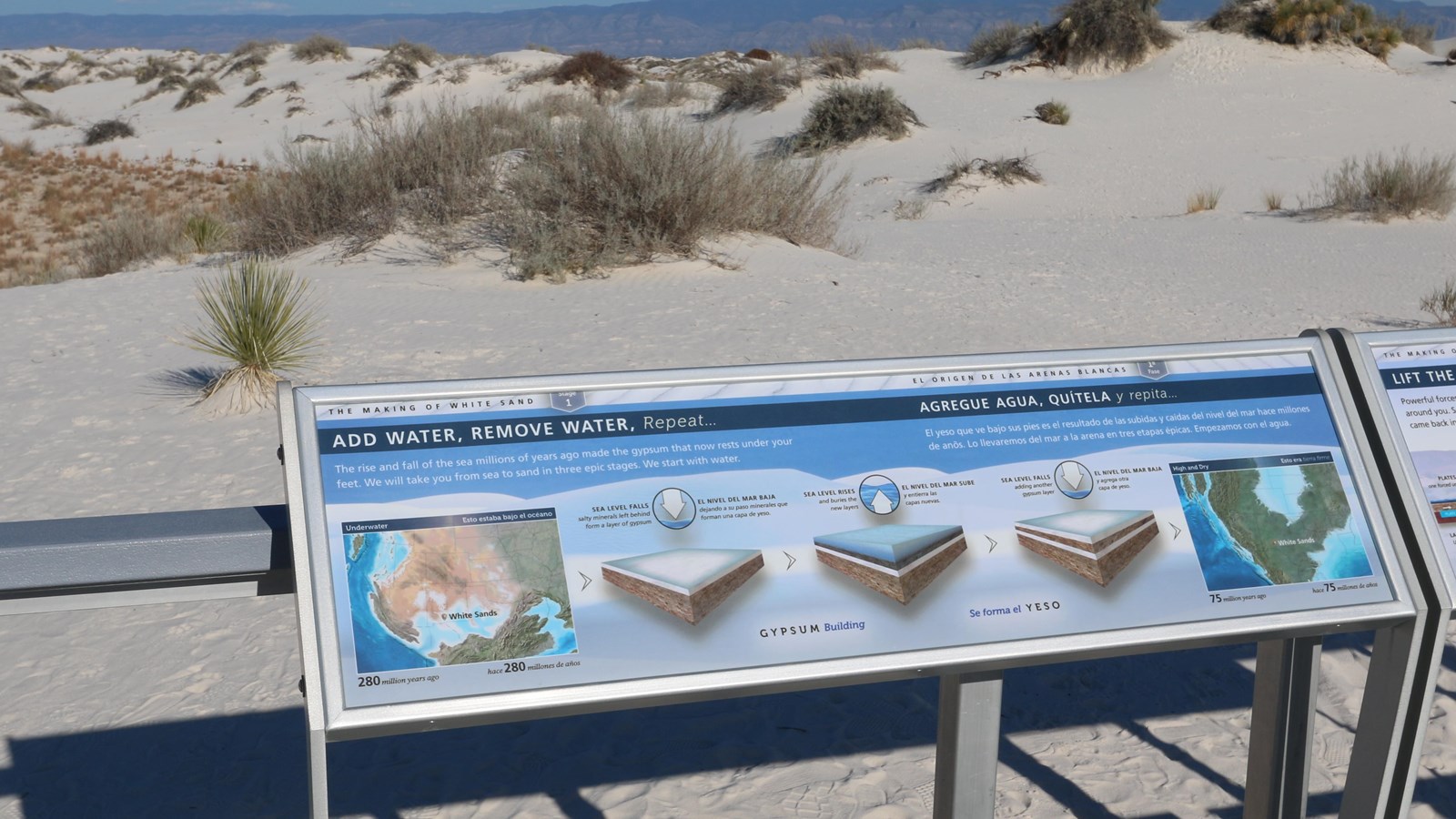 Interpretive sign detailing the formation of a gypsum dunefield.