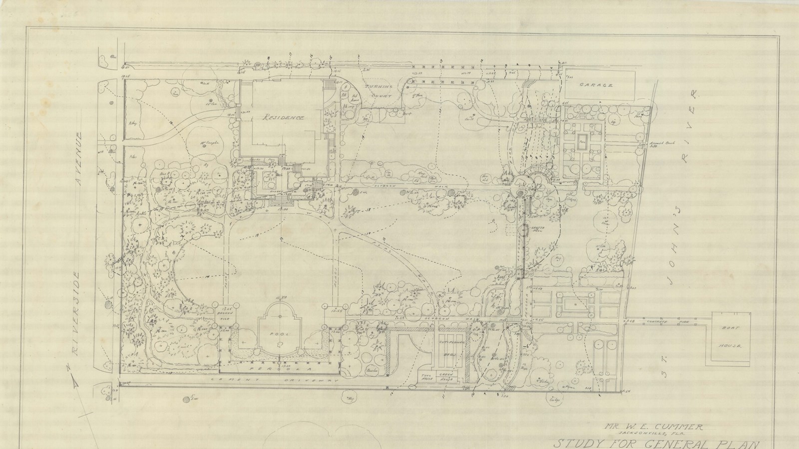 Pencil plan of estate with building, pool, some open space, but lots of trees and curving paths