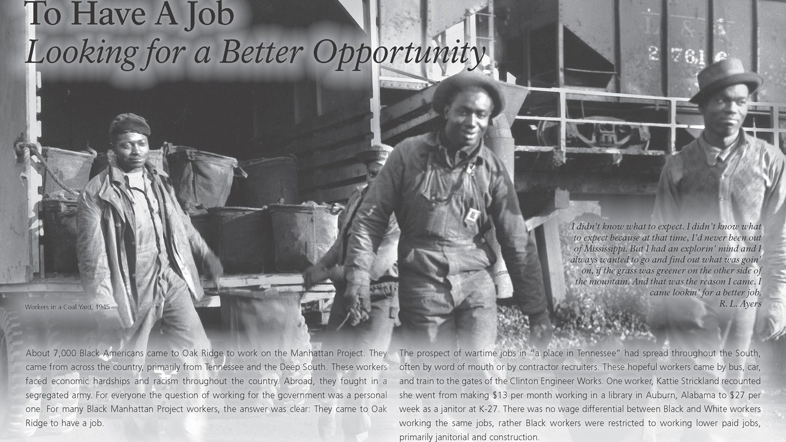 A wayside exhibit with text and an image of Black workers in a coal yard.